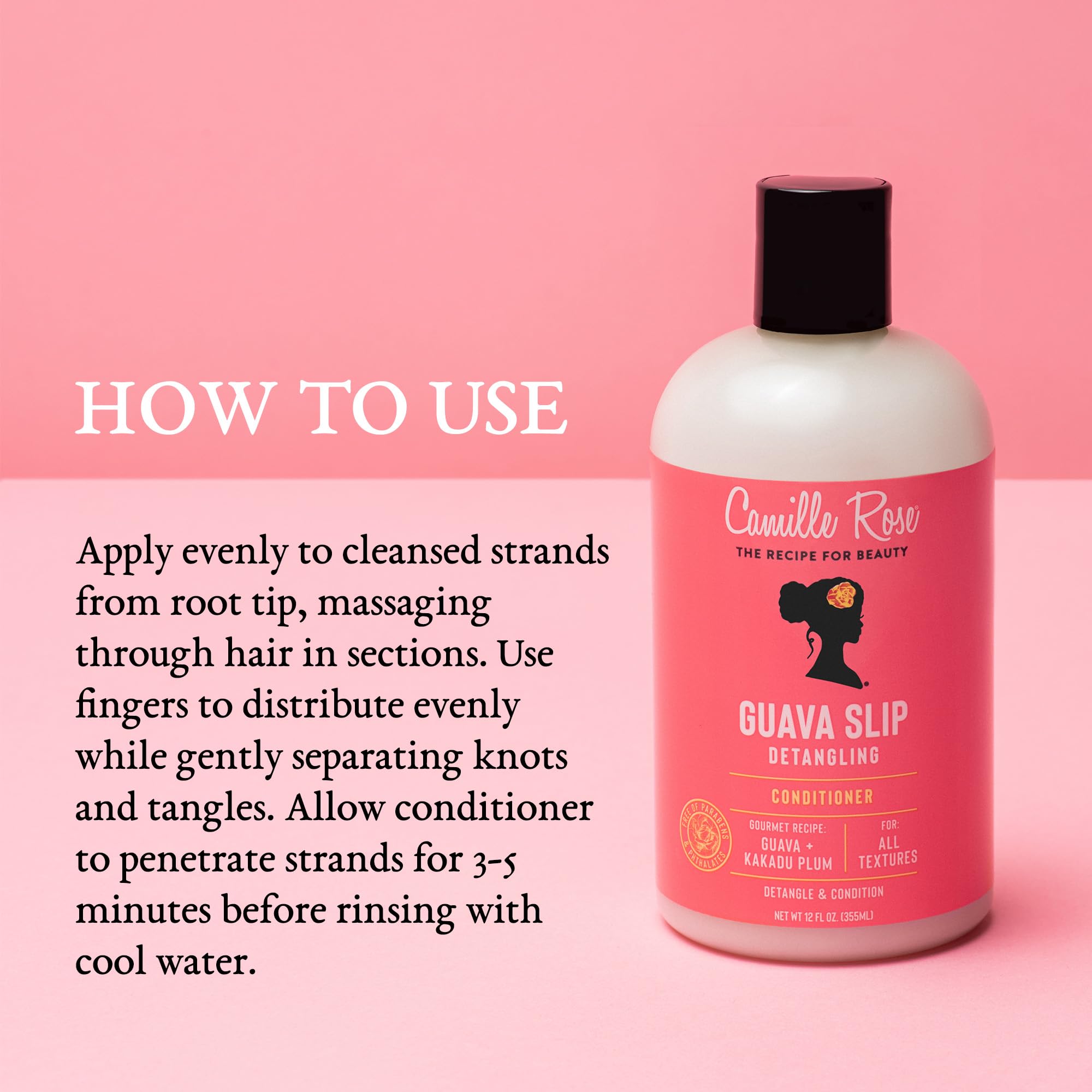 Camille Rose Guava Slip Detangling Conditioner sectioned hair shows even distribution for thorough detangling.