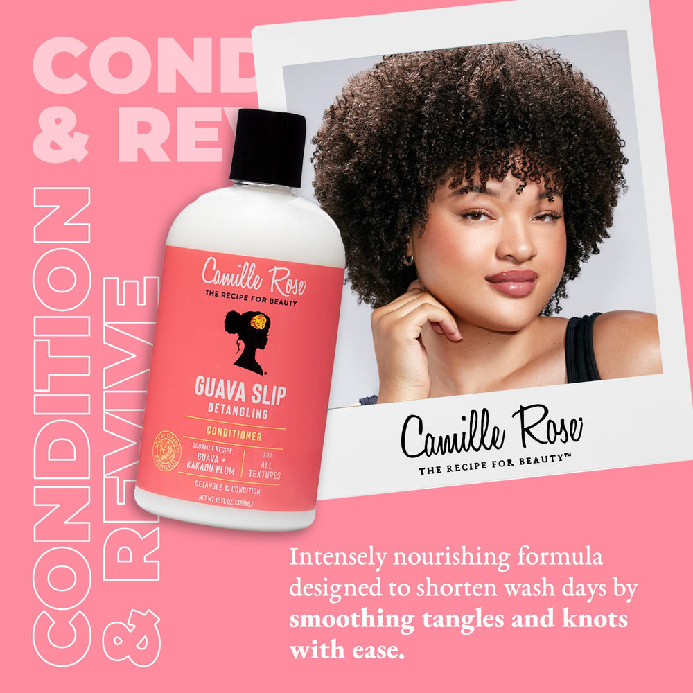 Camille Rose Guava Slip Detangling Conditioner label closeup highlights tropical ingredients and premium hydration.