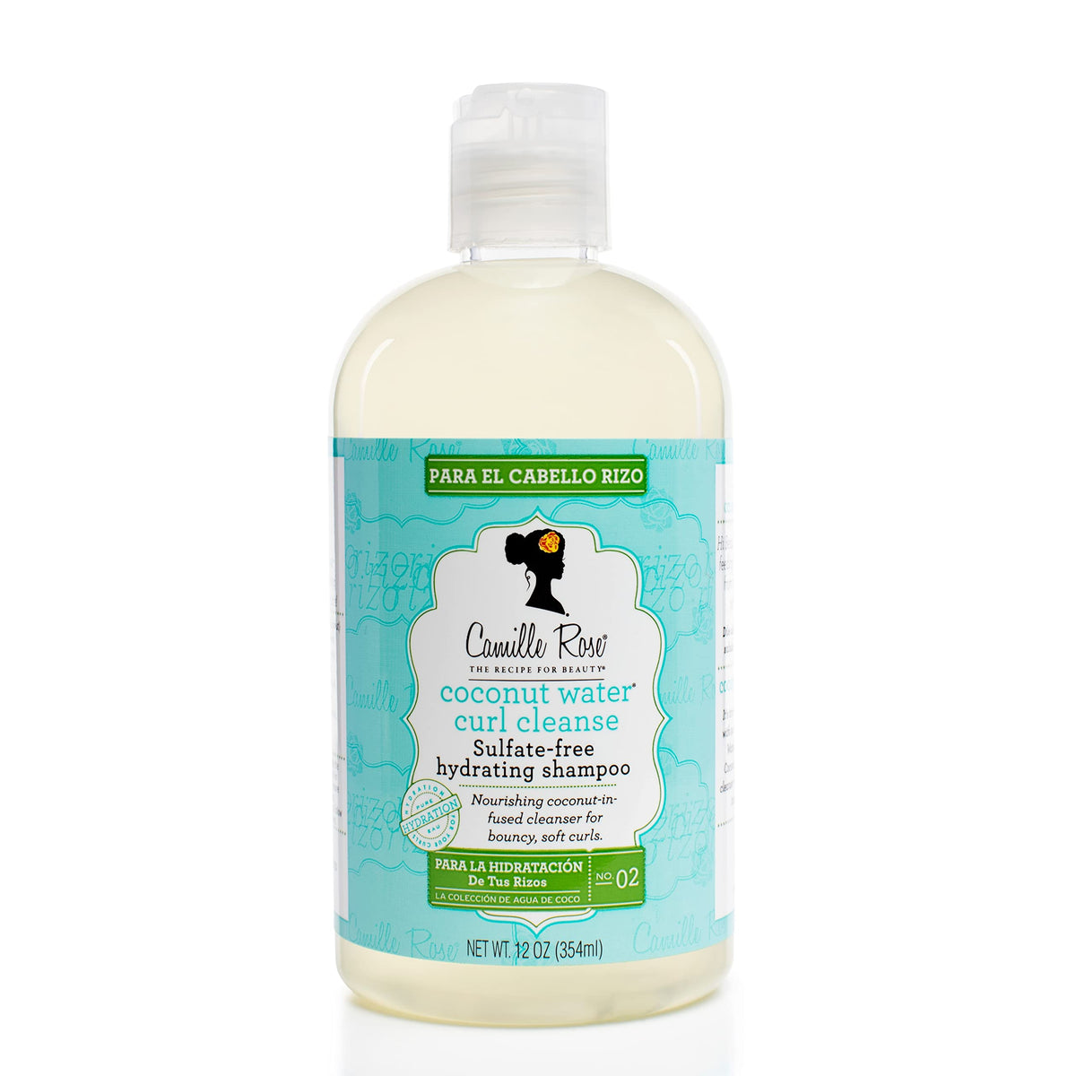 Camille Rose limpieza del cabello con agua de coco, botella visible para rizos suaves.