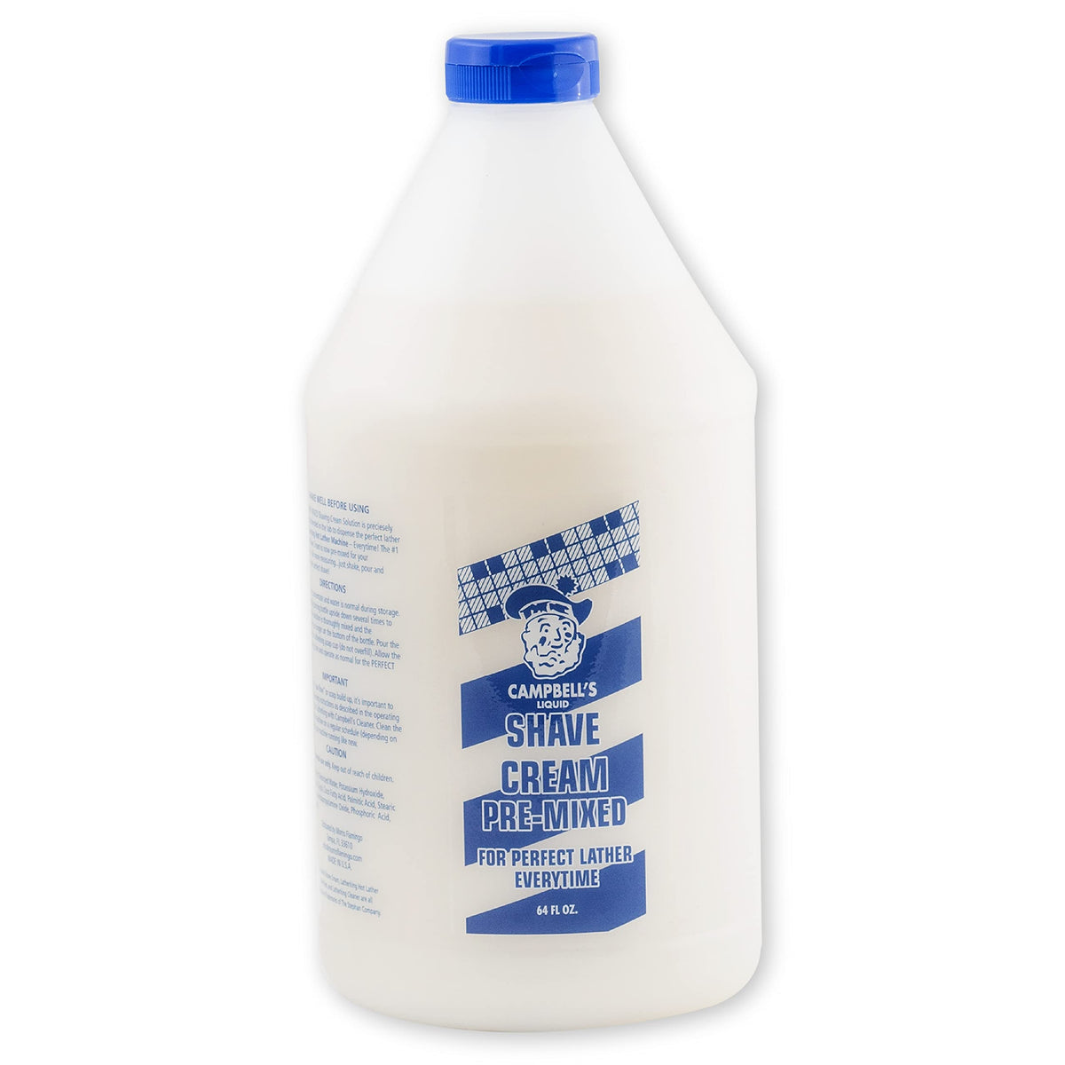 Campbell's pre-mixed shave cream 64oz bottle ready to dispense rich lather.