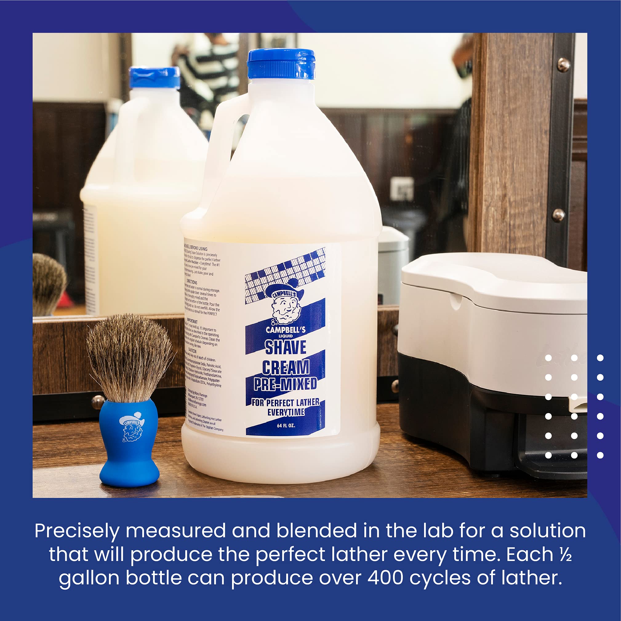 Campbell's shave cream shown with LatherKing setup for consistent lather.