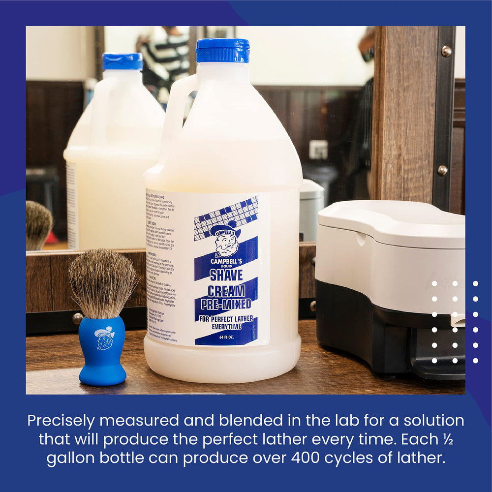 Campbell's shave cream shown with LatherKing setup for consistent lather.