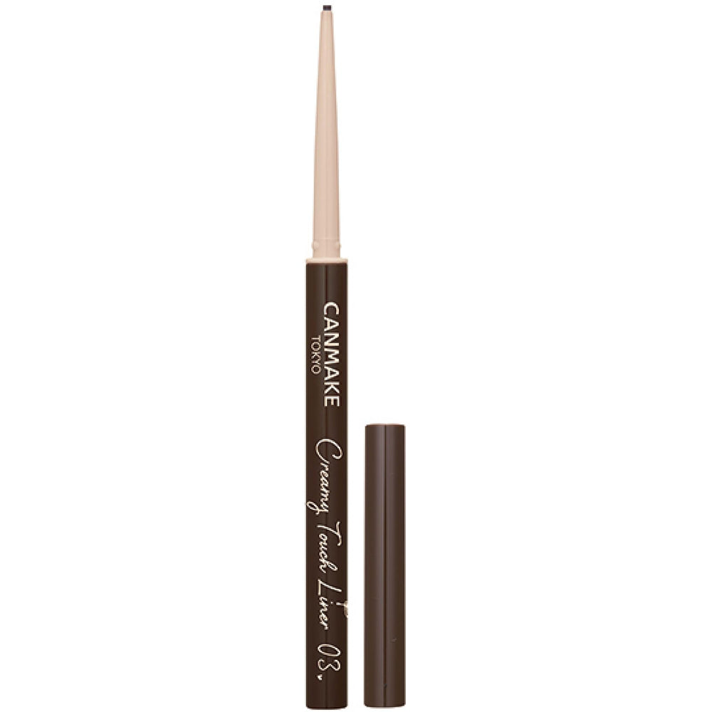 CANMAKE Creamy Touch Liner 03 Dark Brown con punta suave para trazos precisos.