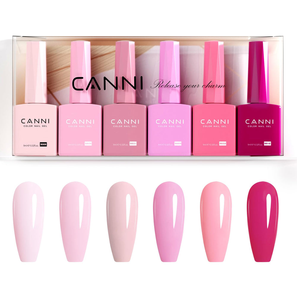 CANNI at-home manicure with six pink gel polish bottles