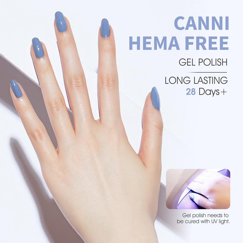 CANNI blue gel polish being applied for smooth, even coverage