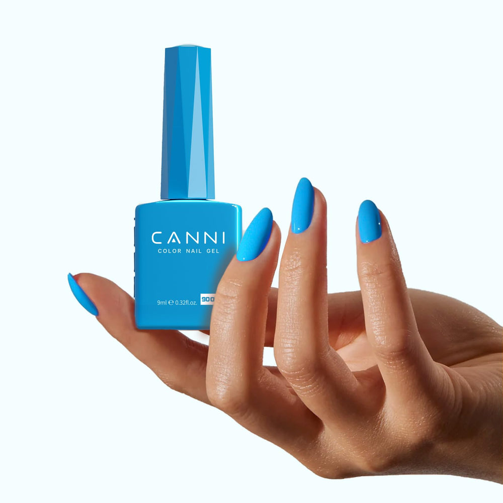 CANNI Blue Gel Nail Polish UV/LED cure shot emphasizes fast at-home curing.