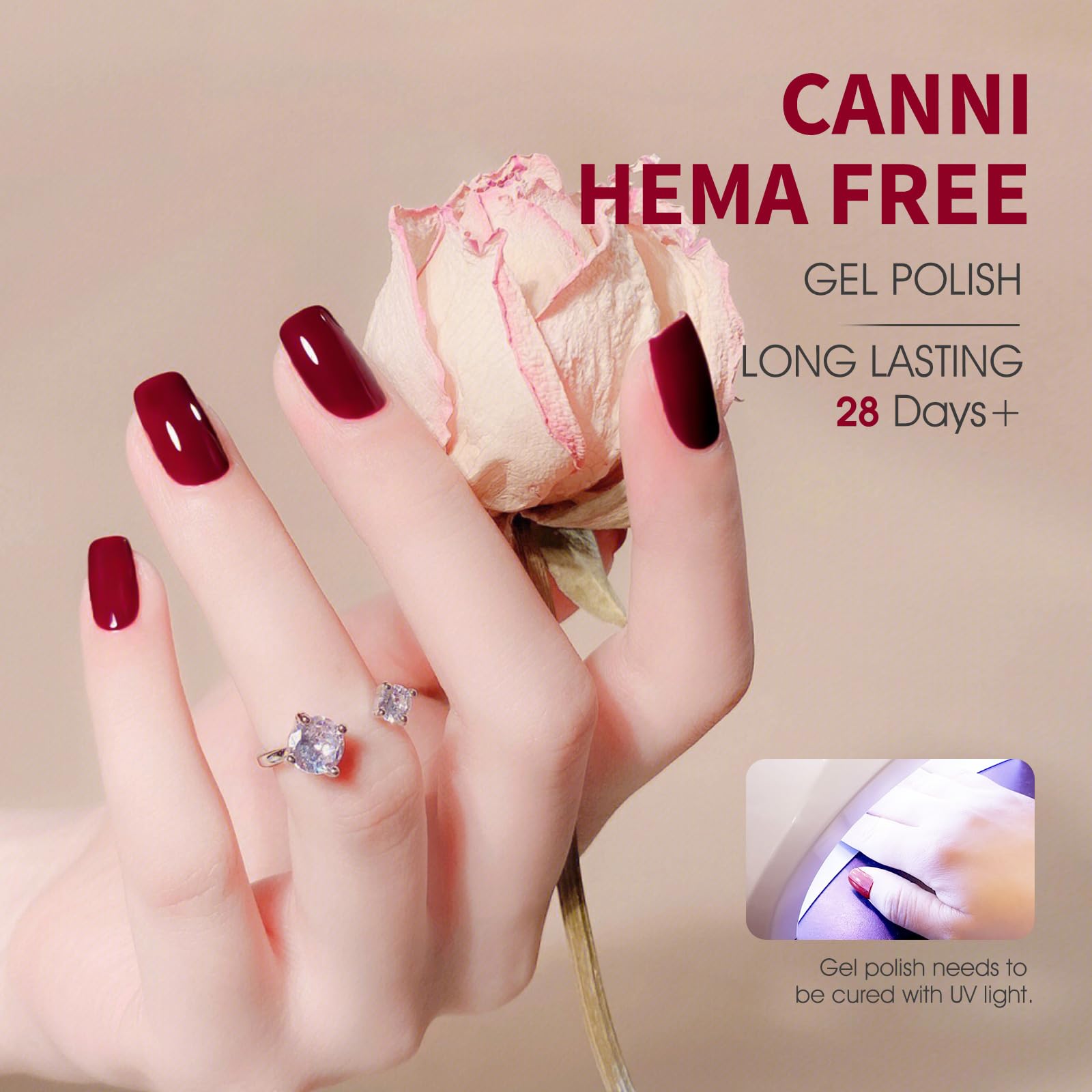 CANNI Dark Red Jelly manicure in natural light with burgundy shine.