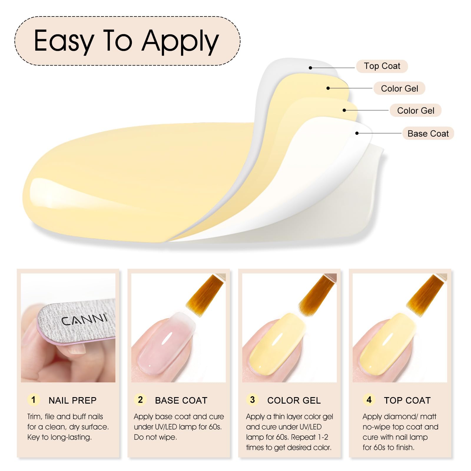 CANNI gel esmalte amarillo pastel, base y capa superior para acabado profesional