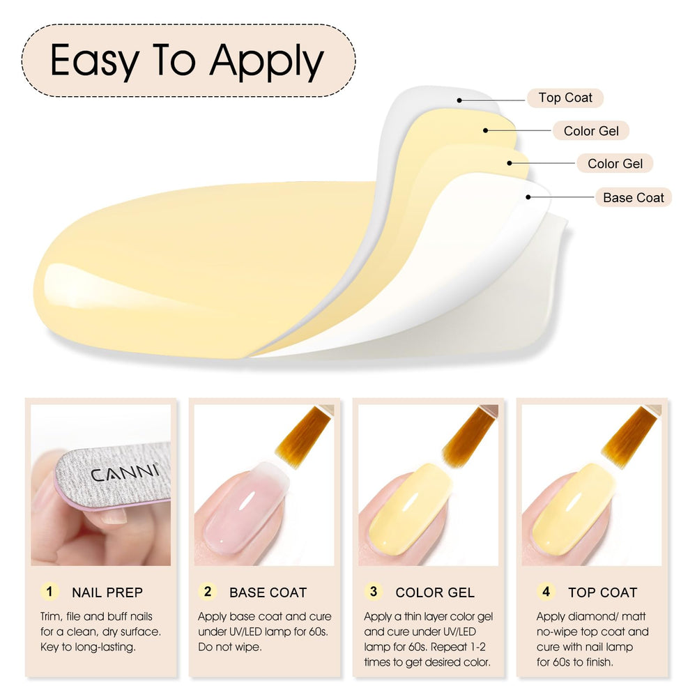 CANNI gel esmalte amarillo pastel, base y capa superior para acabado profesional