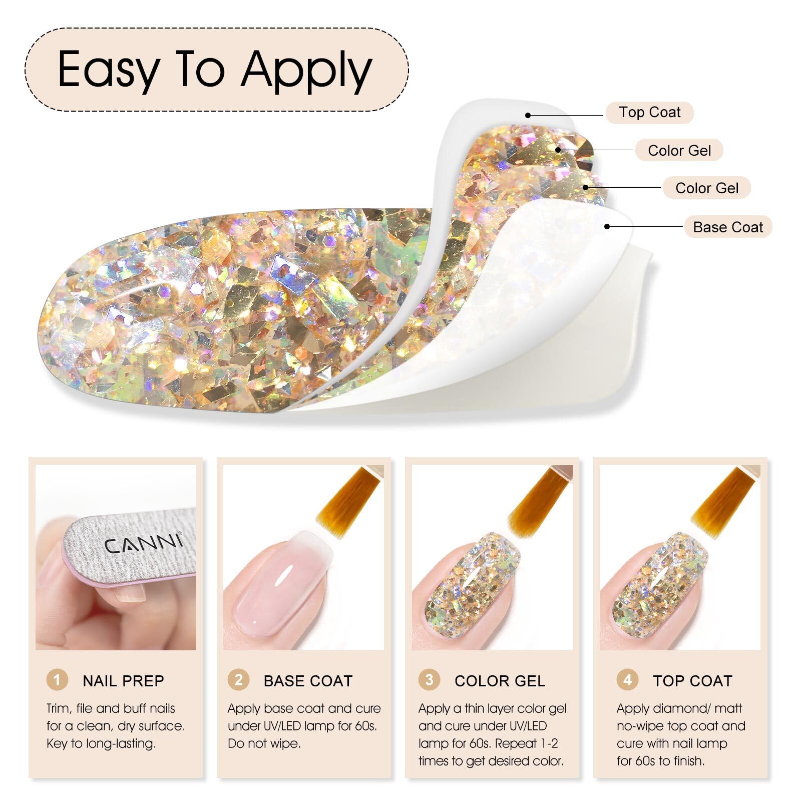 CANNI Glitter Gel Nail Polish salon-quality wear up to three weeks with base/top coat.