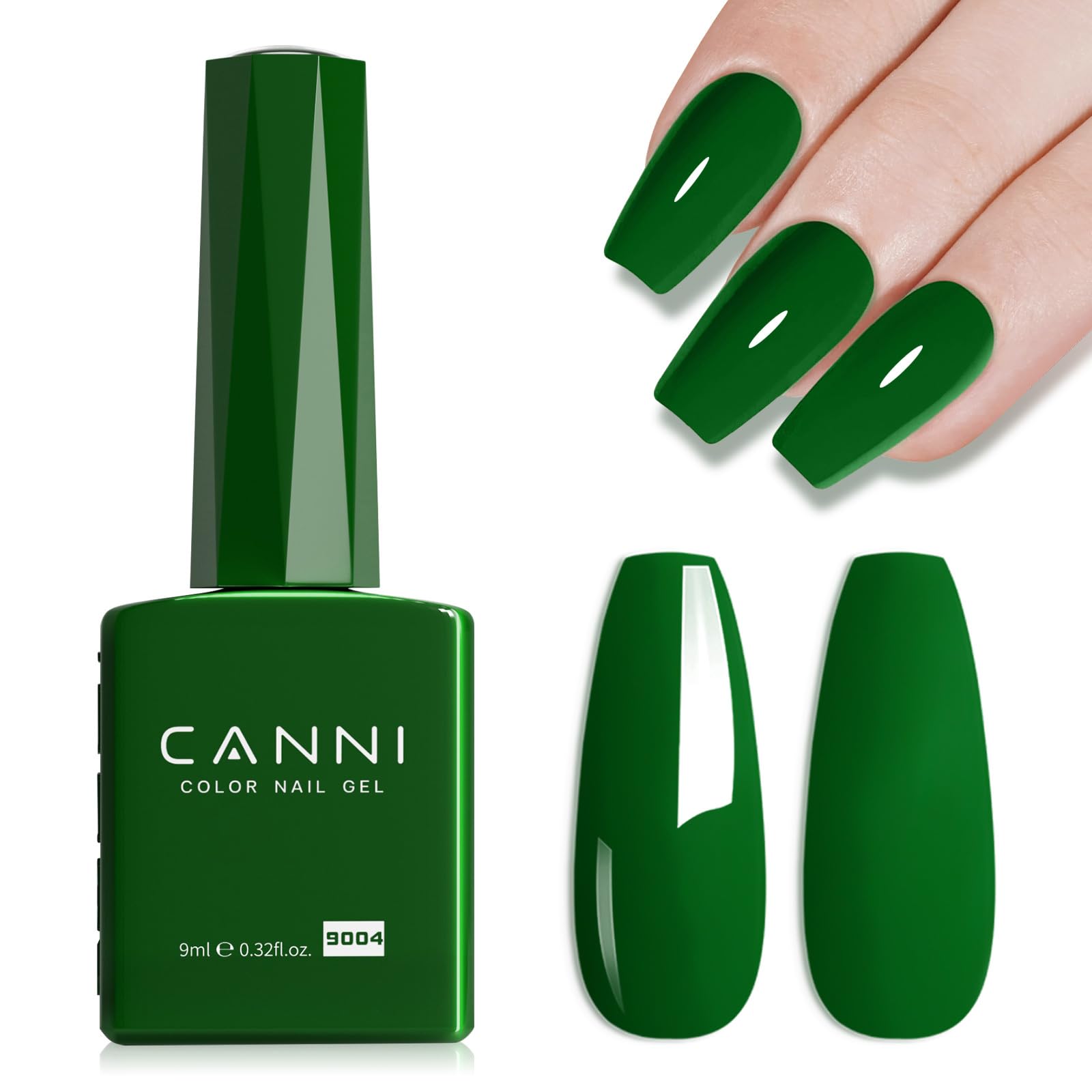 CANNI emerald dark green gel polish bottle close-up for vivid color.
