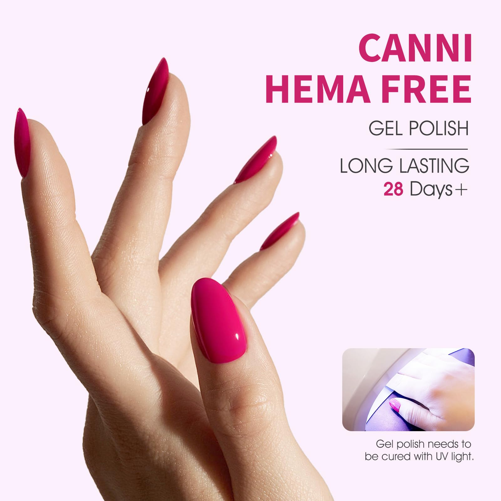 CANNI hot pink gel polish on nails with a glossy, long-lasting finish.