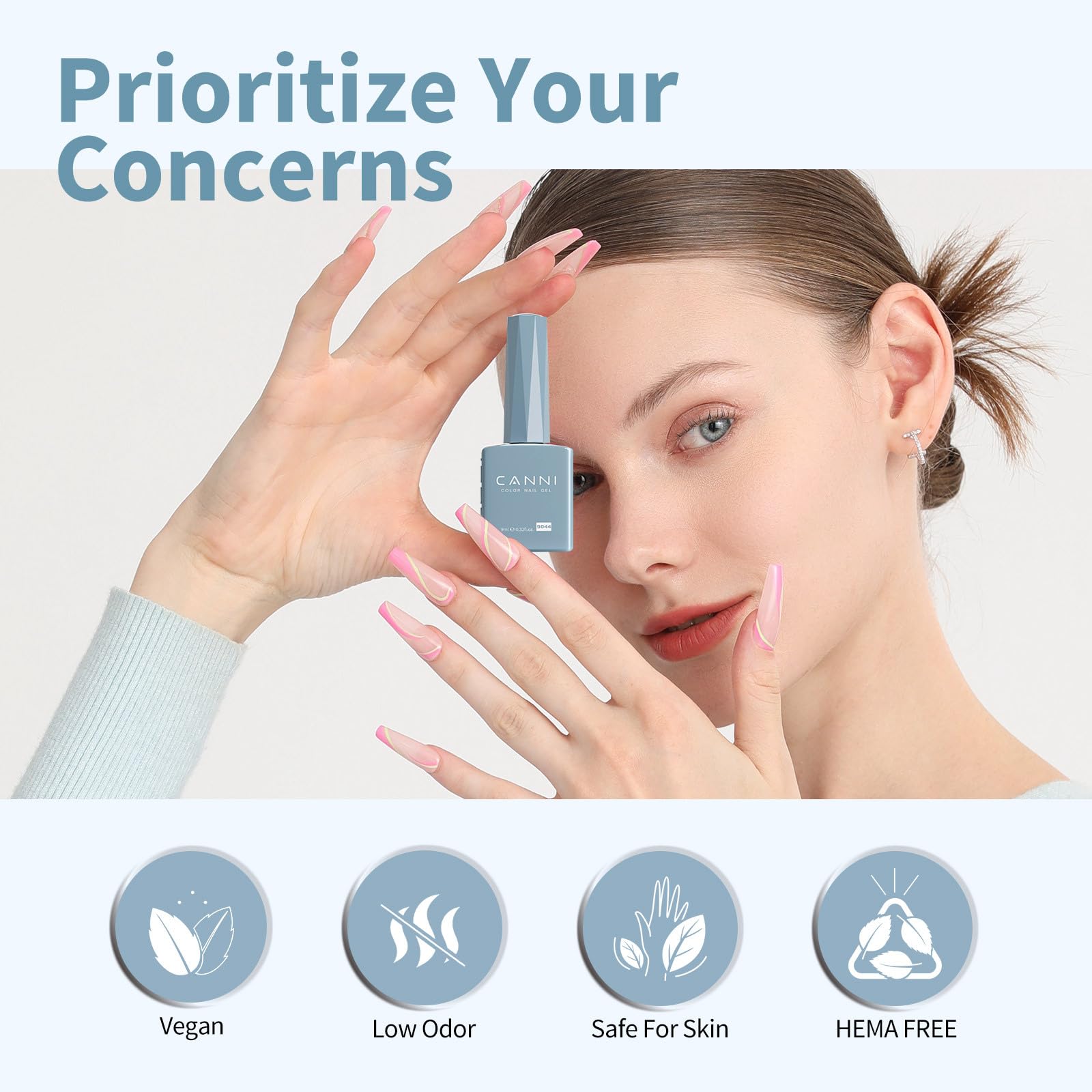 CANNI Light Blue gel polish detailed-coverage reveals even pigment across nails.