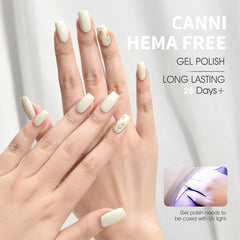 CANNI Milky Gel bottle under lamp demonstrates UV/LED curing compatibility.