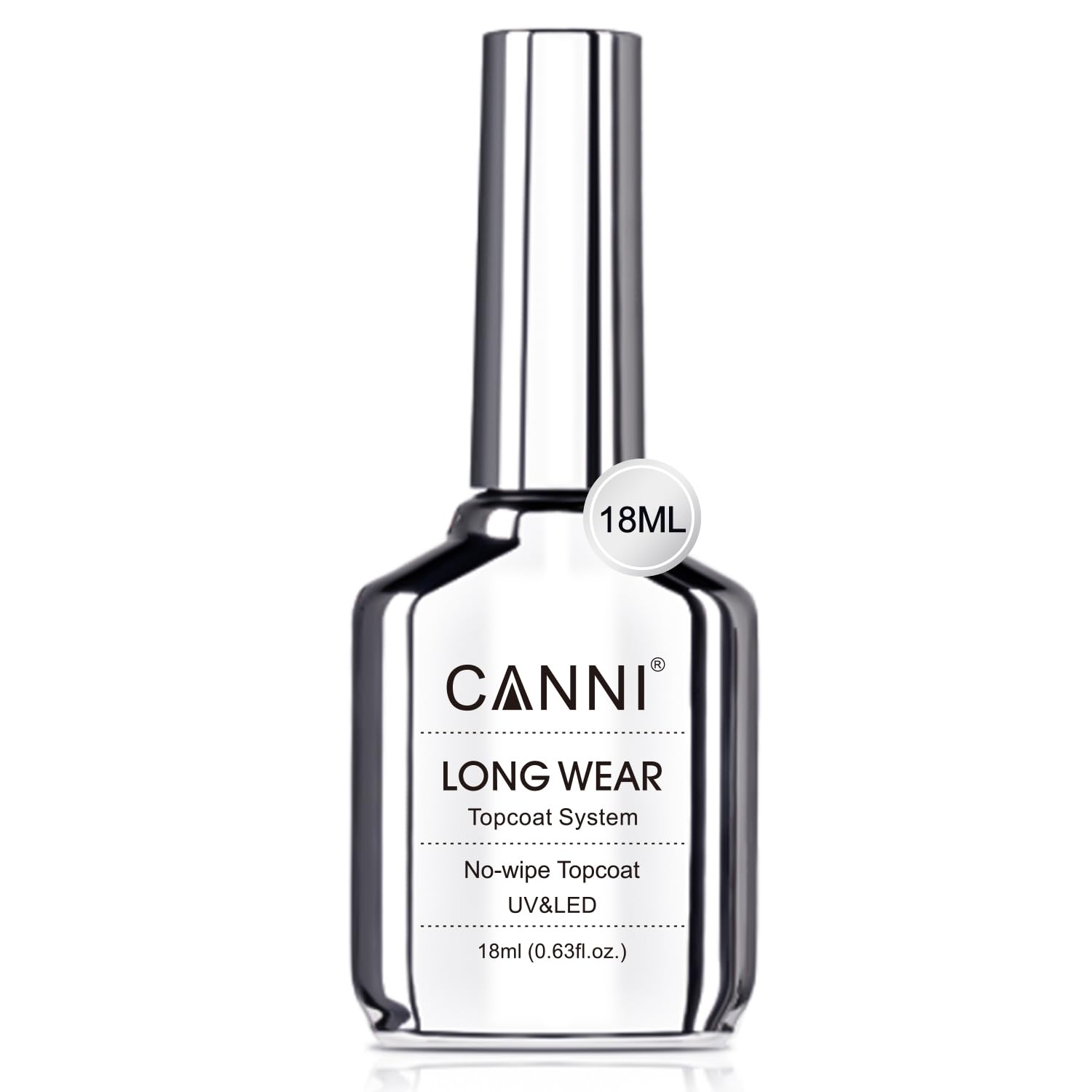 CANNI No-Wipe Top Coat 18ml bottle delivering long-lasting clear gloss