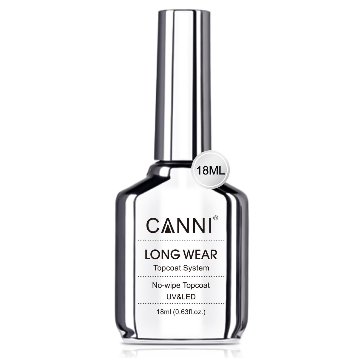 CANNI No-Wipe Top Coat 18ml bottle delivering long-lasting clear gloss