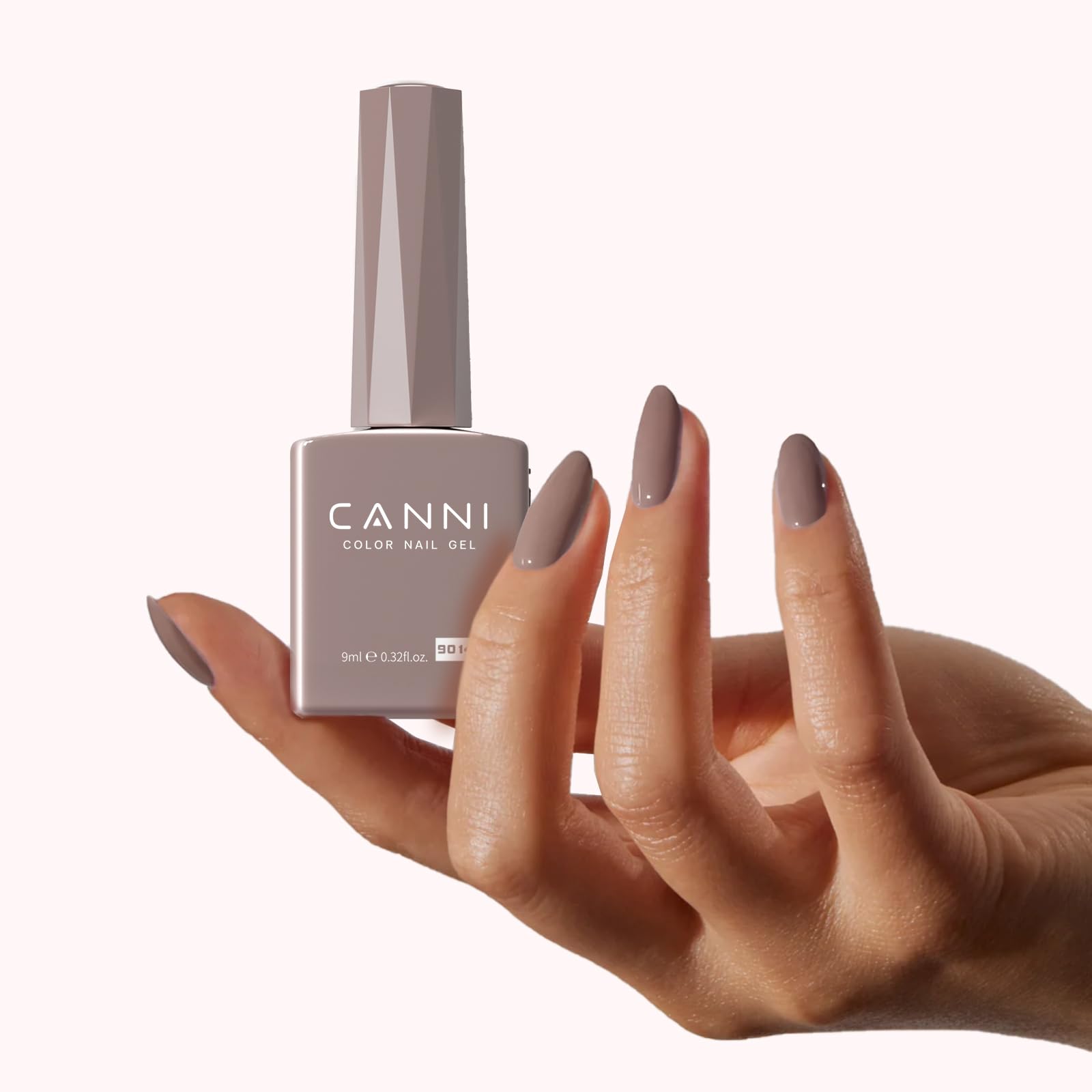 CANNI nude grey gel polish on nails with glossy salon finish
