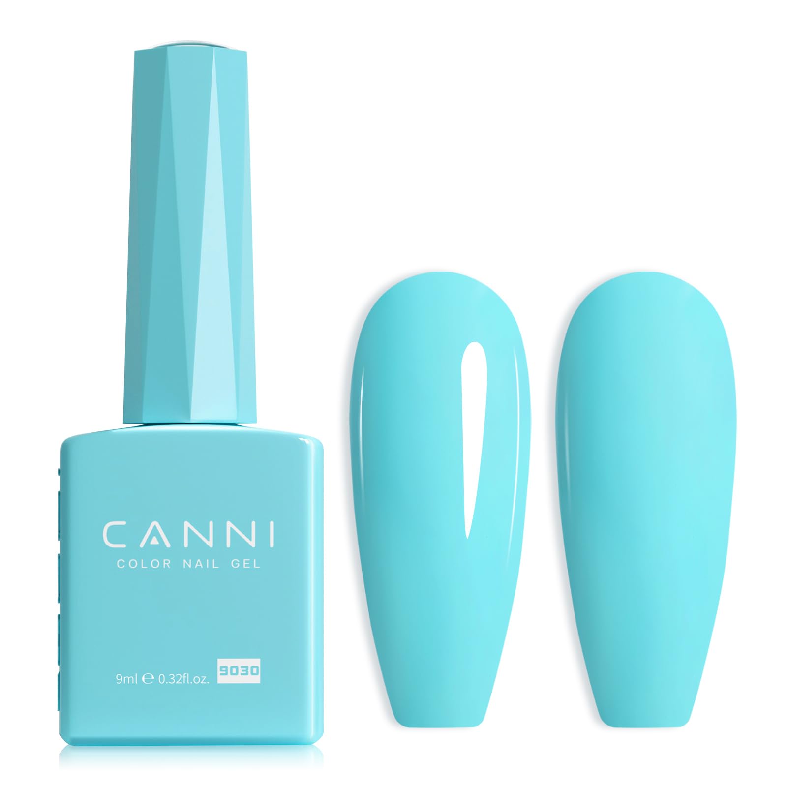 CANNI pastel blue gel bottle shows true color for precise manicure planning.