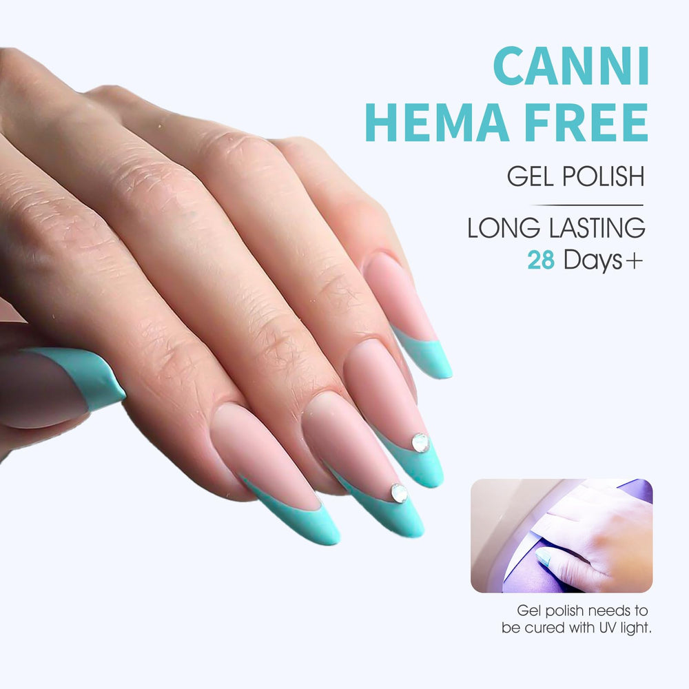 CANNI pastel blue gel brush detail enables smooth, salon-like application.