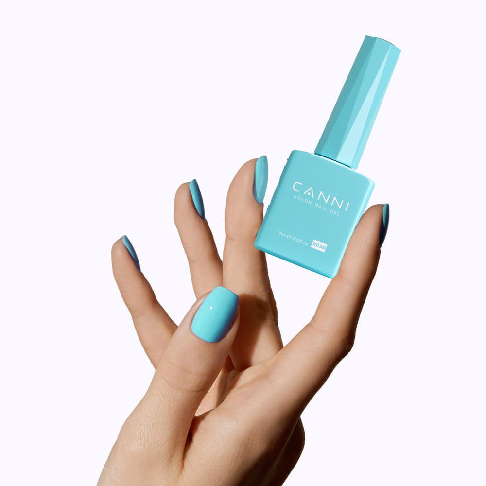 CANNI pastel blue gel UV-LED cure confirms quick 90–120 second dries.