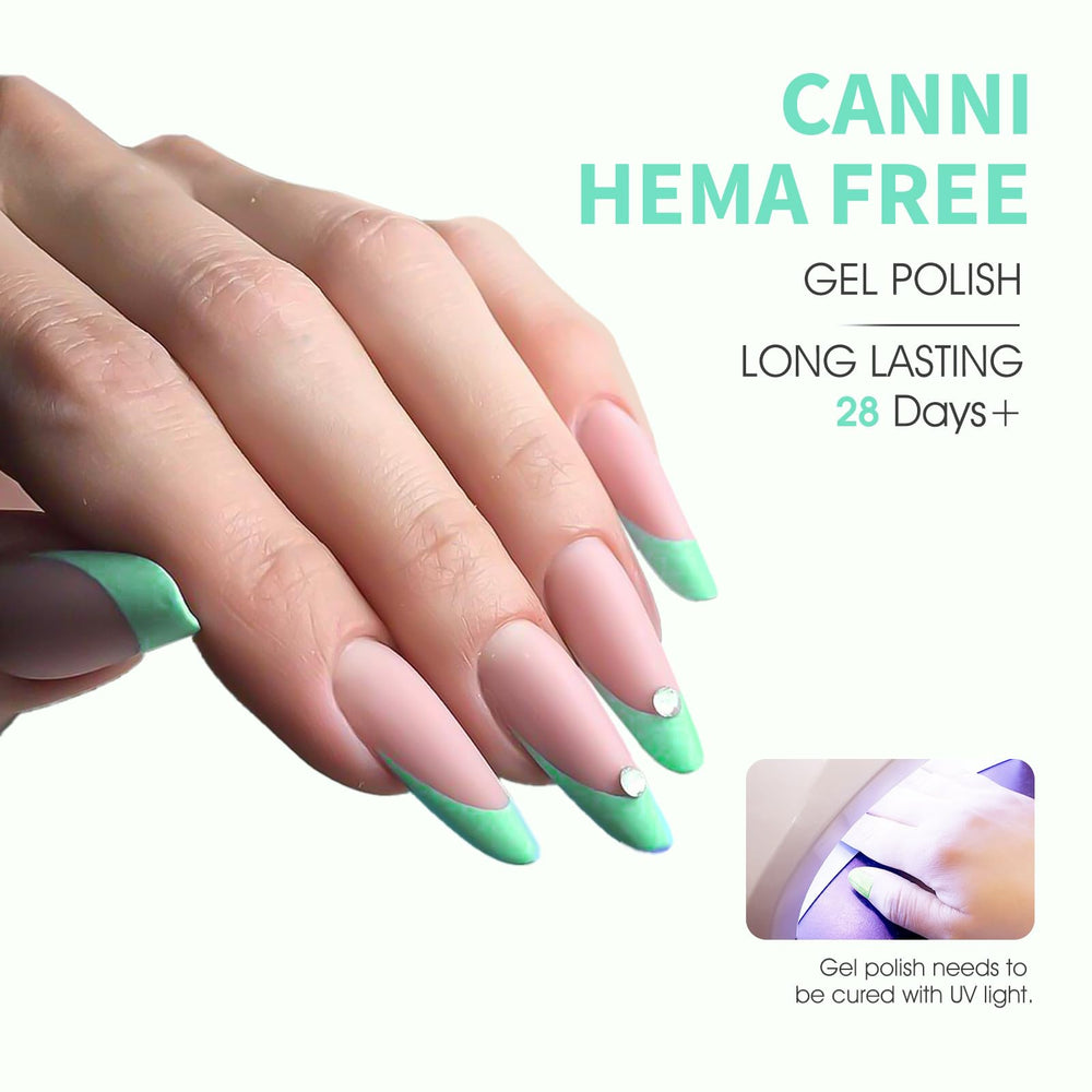 CANNI Pastel Green nail on swatch demonstrates smooth application and consistent finish