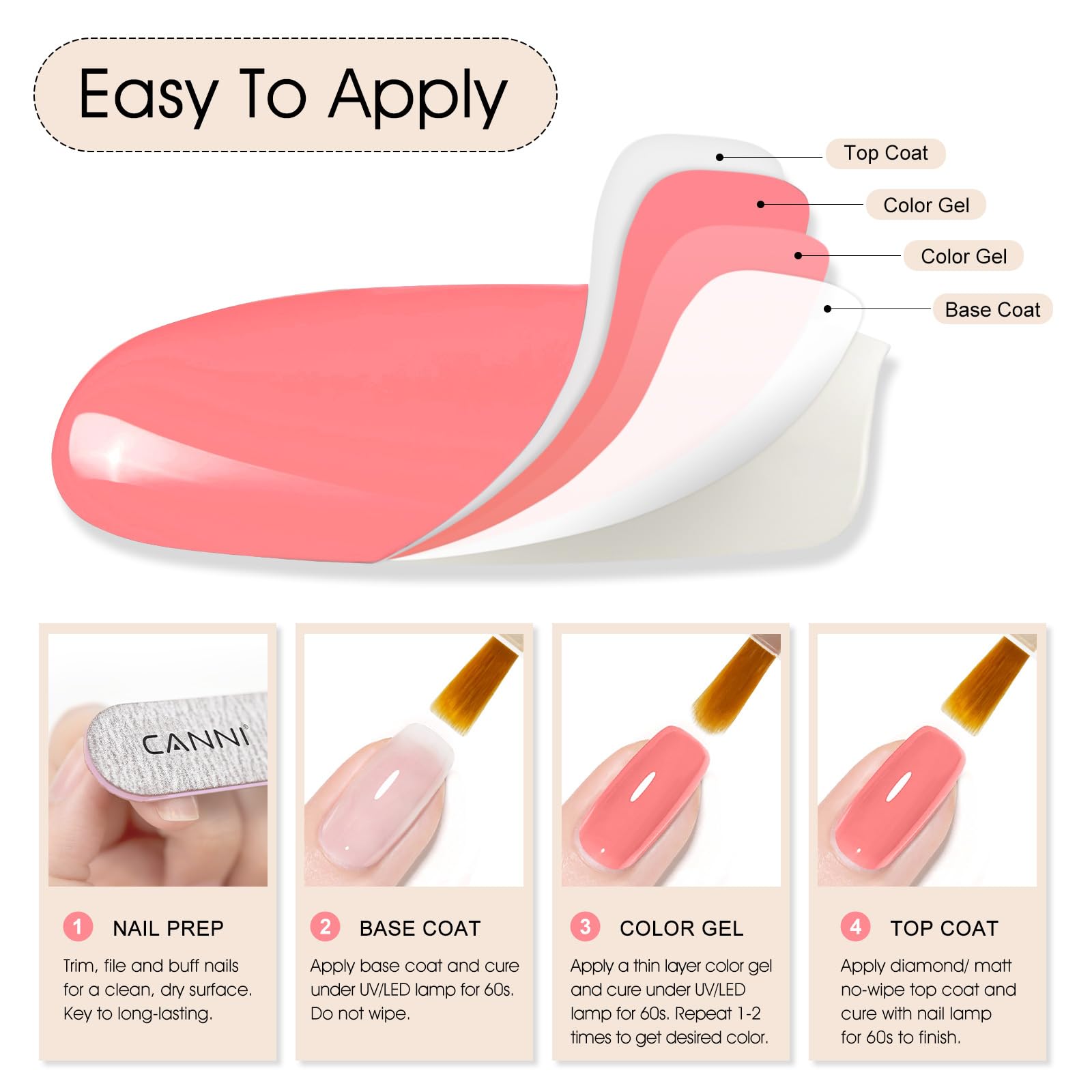CANNI Pink Gel Nail Polish on natural nail for a salon-like manicure.