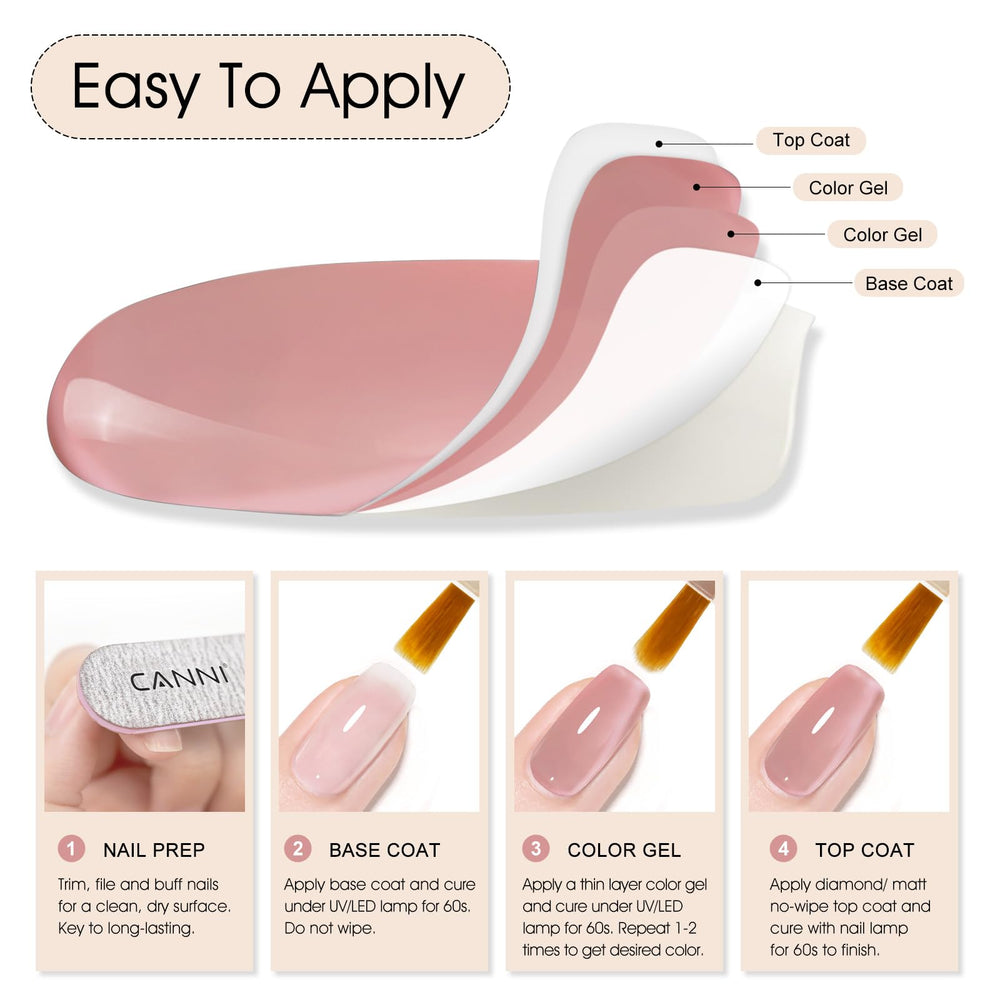 CANNI Pink Jelly Gel Polish application steps with base and top coats