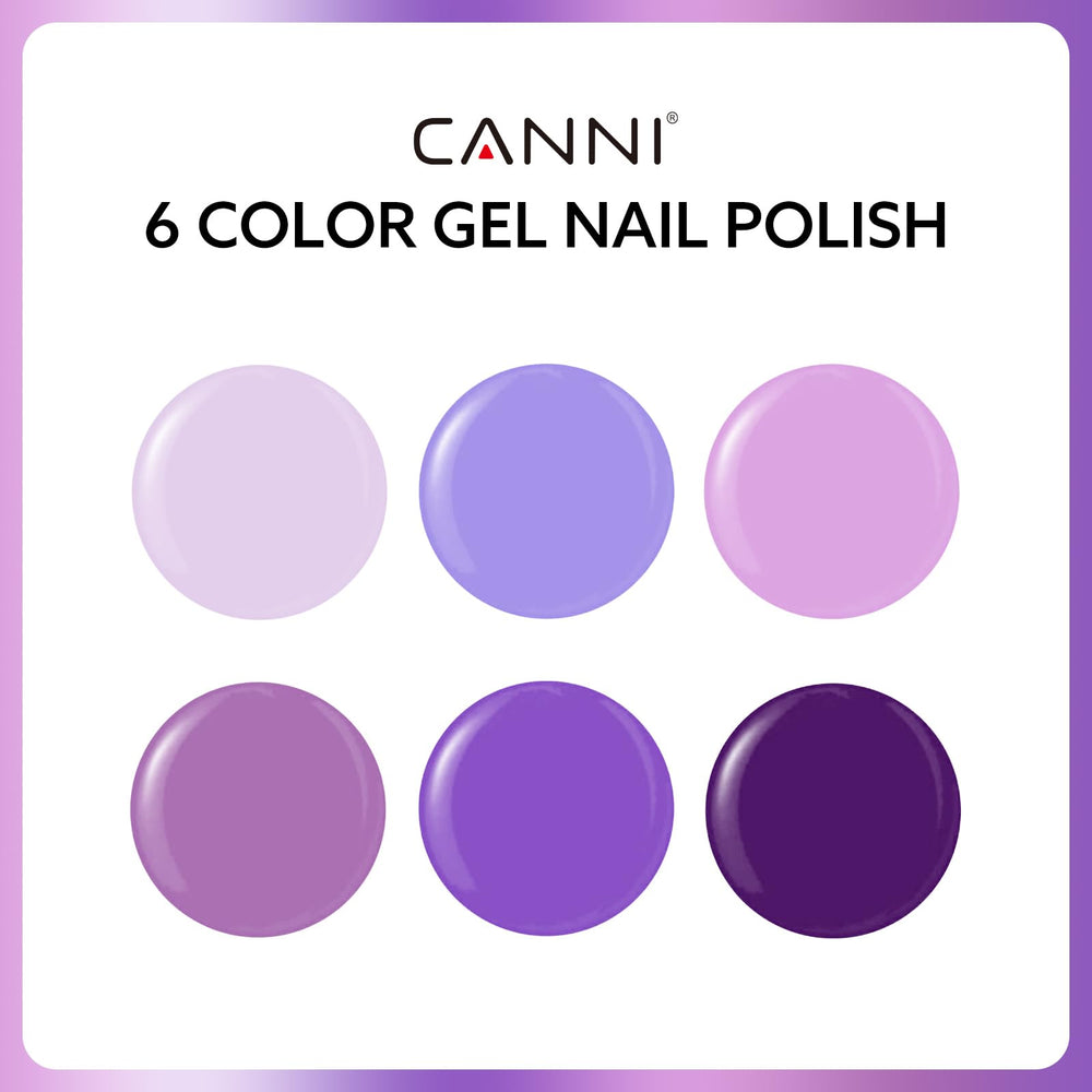 CANNI purple gel polish swatches show six shade options.