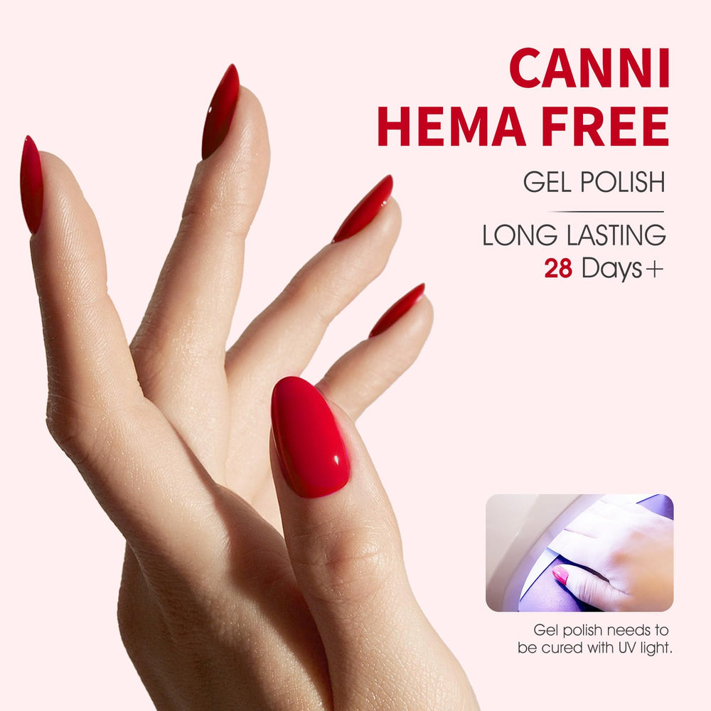 CANNI Red Gel Nail Polish full coverage with minimal layers for bright even color.