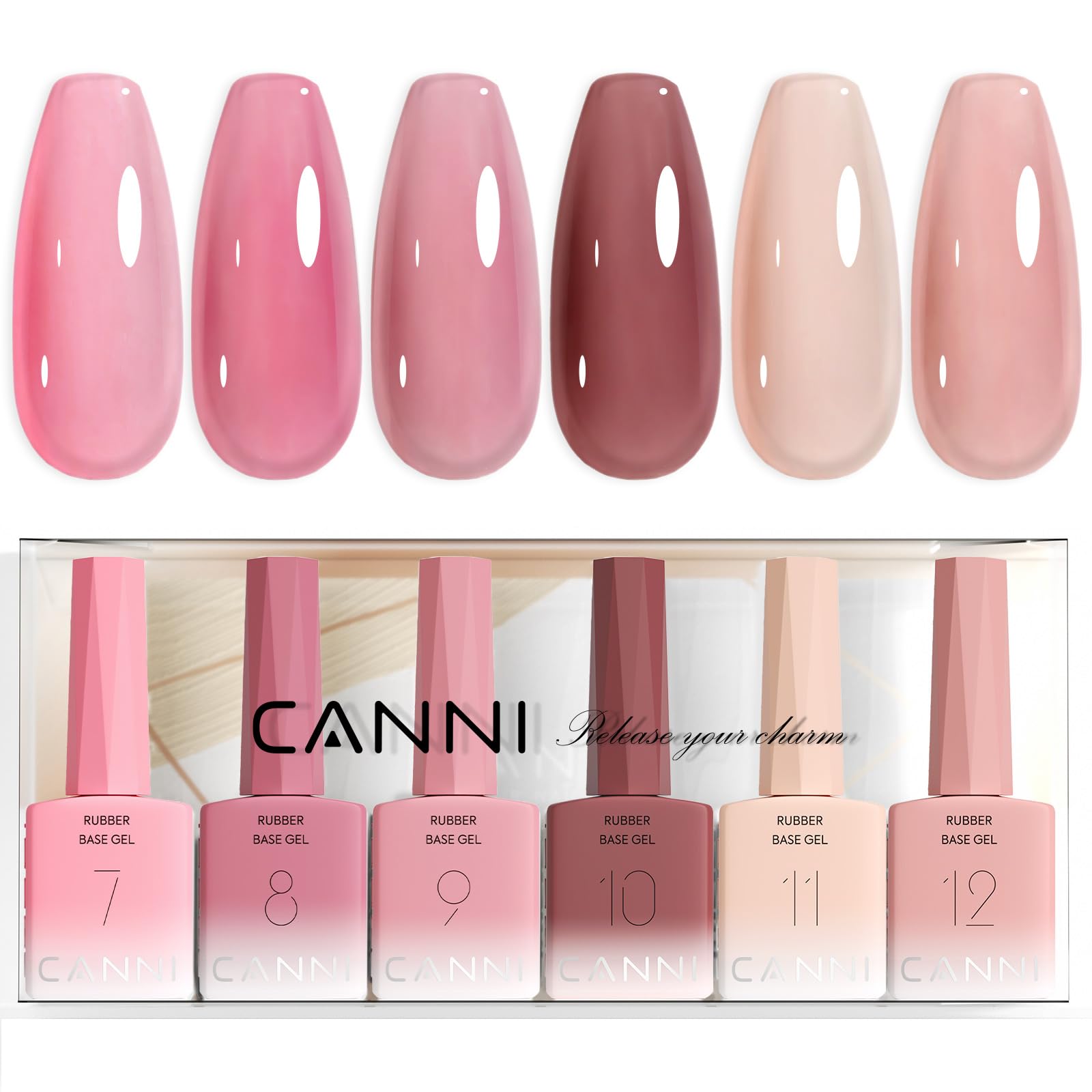 CANNI Rubber Base Gel set with six 9ml bottles for at-home manicure