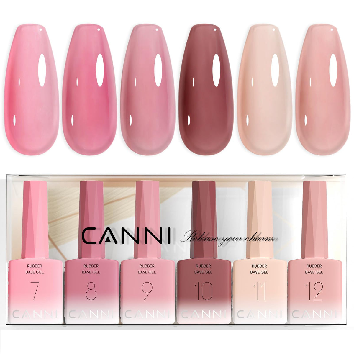 CANNI Rubber Base Gel set with six 9ml bottles for at-home manicure