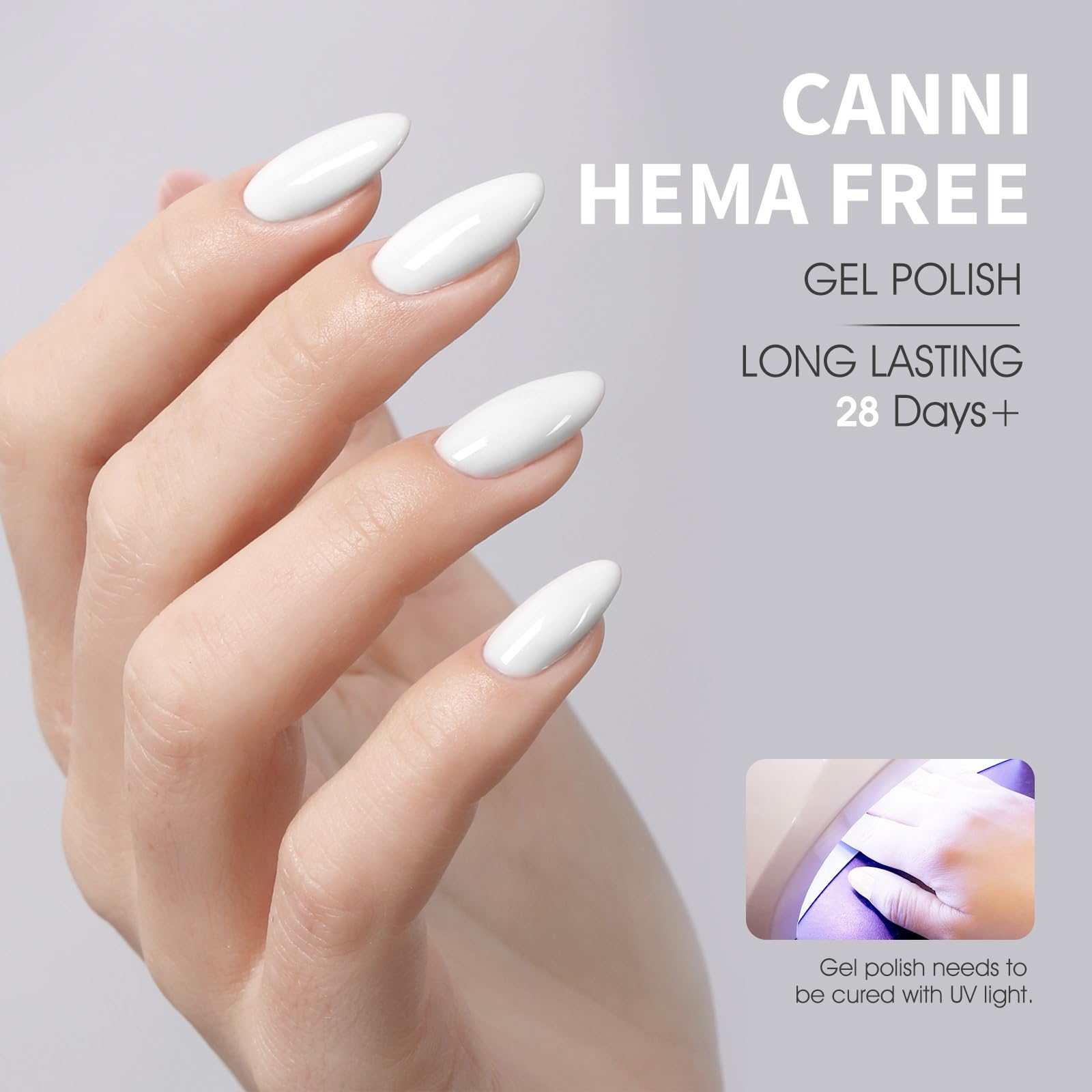 CANNI White Gel Nail Polish UV/LED cure in 90–120 seconds.