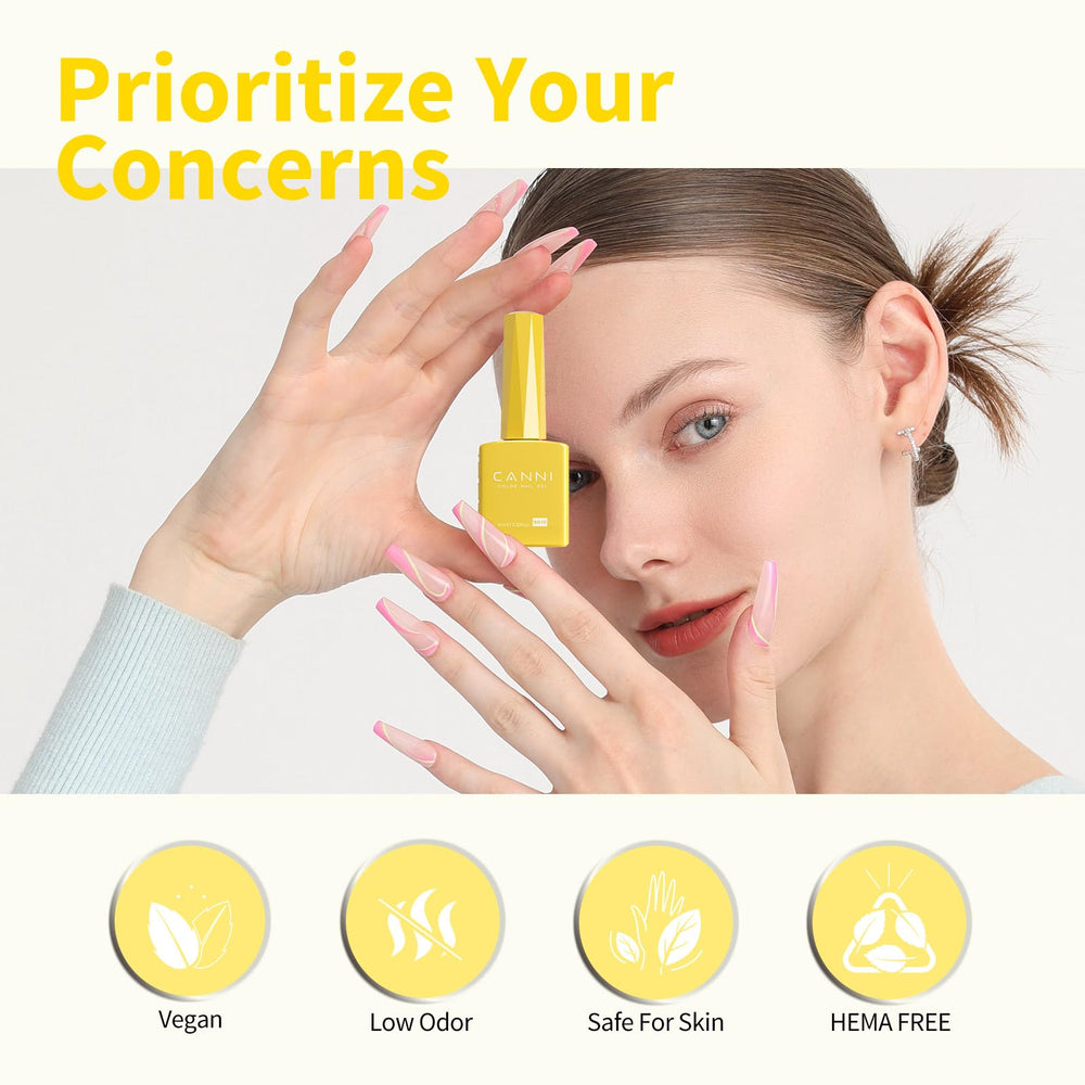 CANNI Yellow gel nail polish with base and top coat for glossy finish.