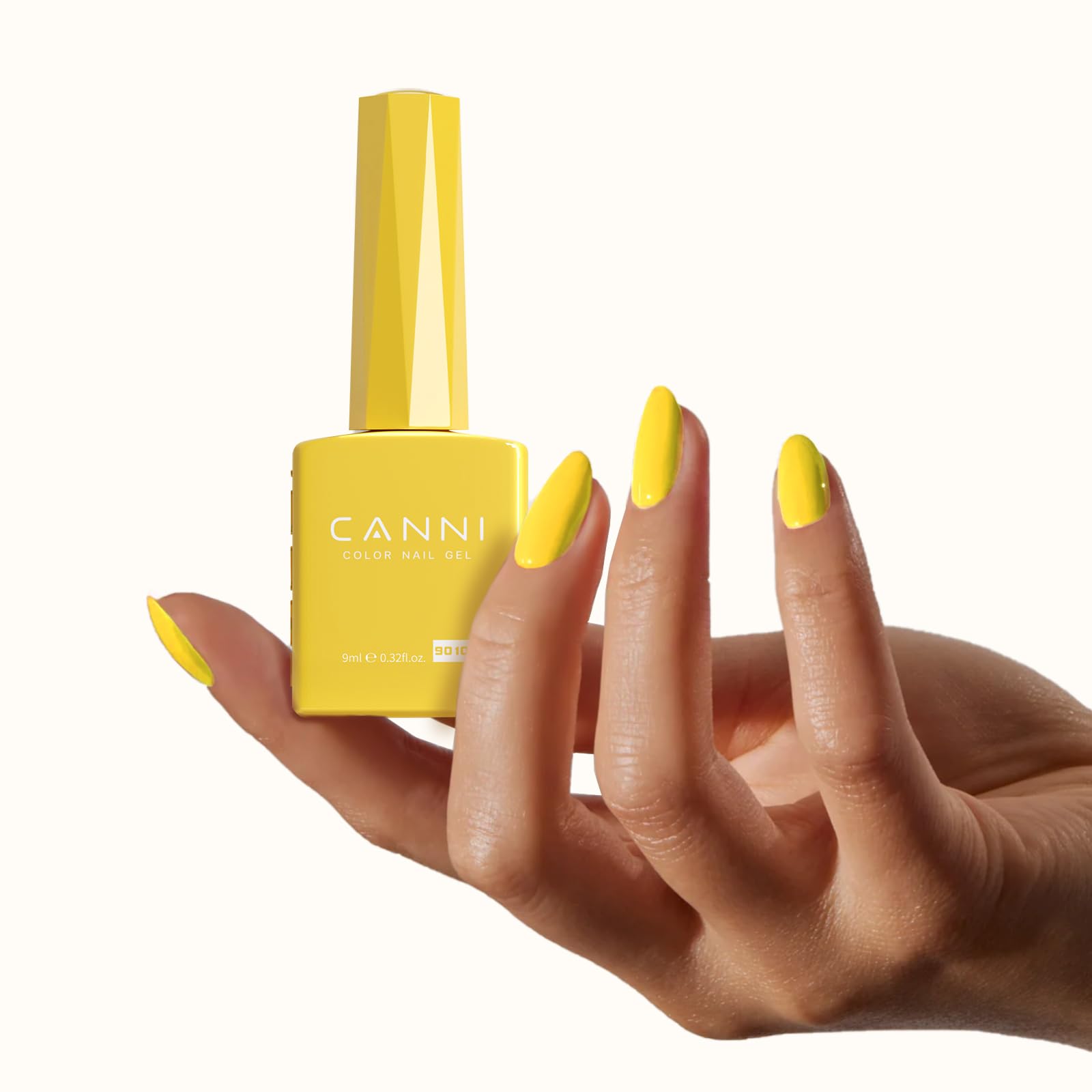 CANNI Yellow gel nail polish under UV/LED lamp during cure.