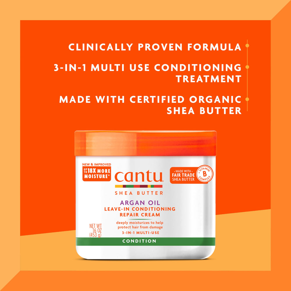 Cantu Argan Oil Leave-In Cream packaging highlights clean, silicone-free blend.