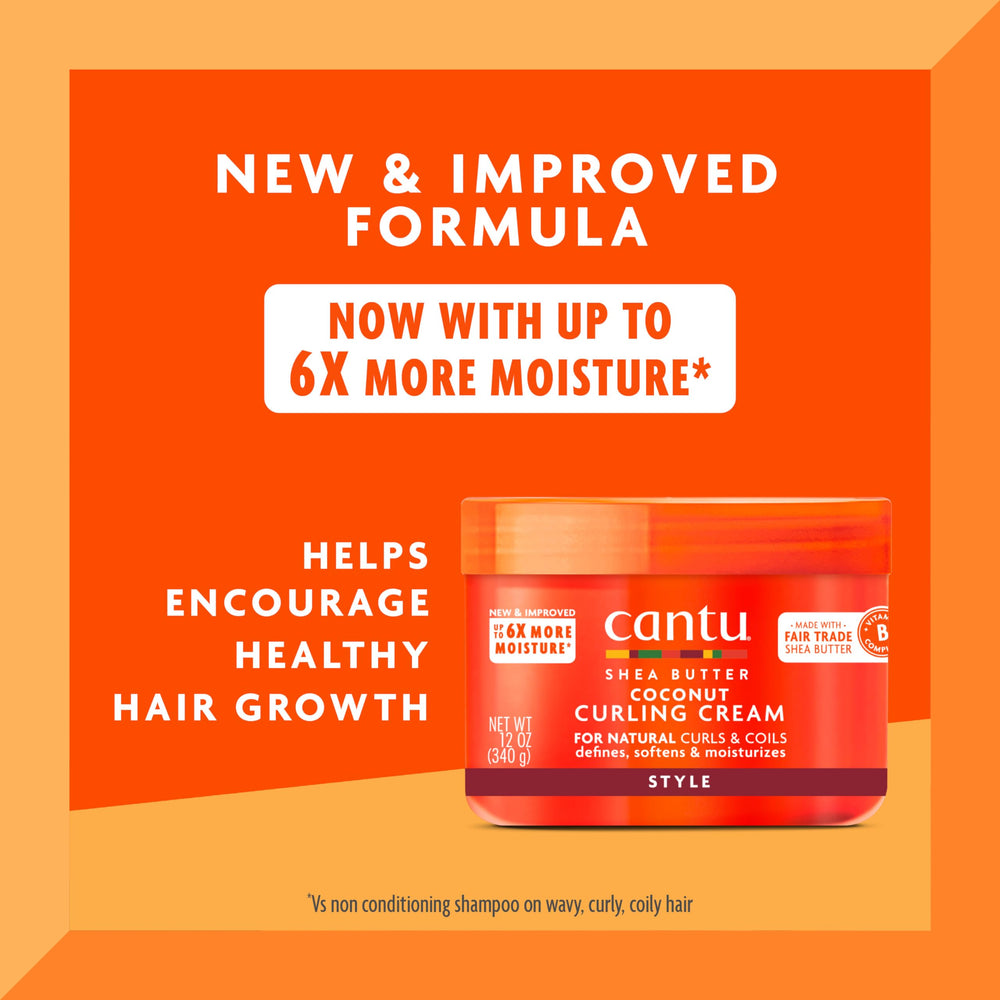 Cantu Coconut Curling Cream label highlights shea butter and coconut oil benefits.