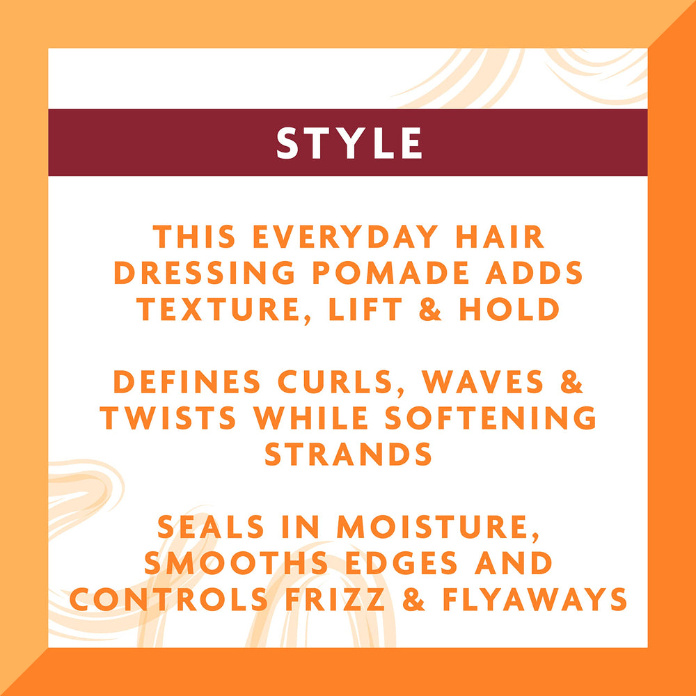 Cantu Hair Dressing Pomade with Shea Butter edge-control image demonstrates sleek edges and sealing flyaways.