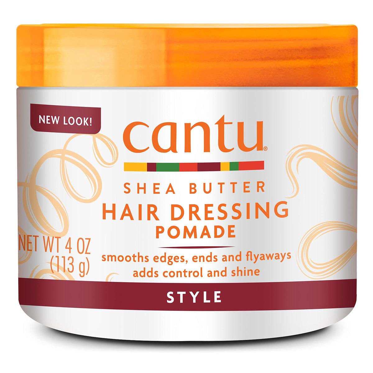 Cantu Hair Dressing Pomade with Shea Butter jar closeup highlighting hydrating shine and smooth definition.