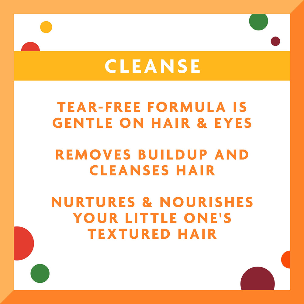 Cantu Kids Champú manteca de karité, enfoque en ingredientes, hidratación suave para cabello texturizado.