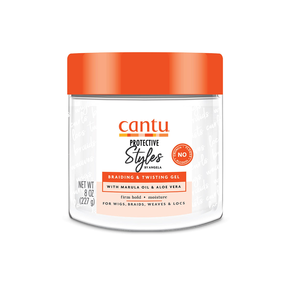 Cantu Protective Styles gel bottle pour with marula oil and aloe vera provides hold.