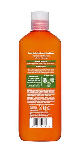 Cantu Shea Butter Hydrating Cream Conditioner label closeup showing natural oils and a sulfate-free formula