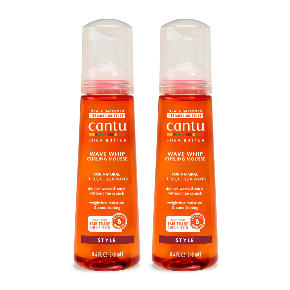Cantu Wave Whip Mousse, botella y aplicación para definición de rizos.