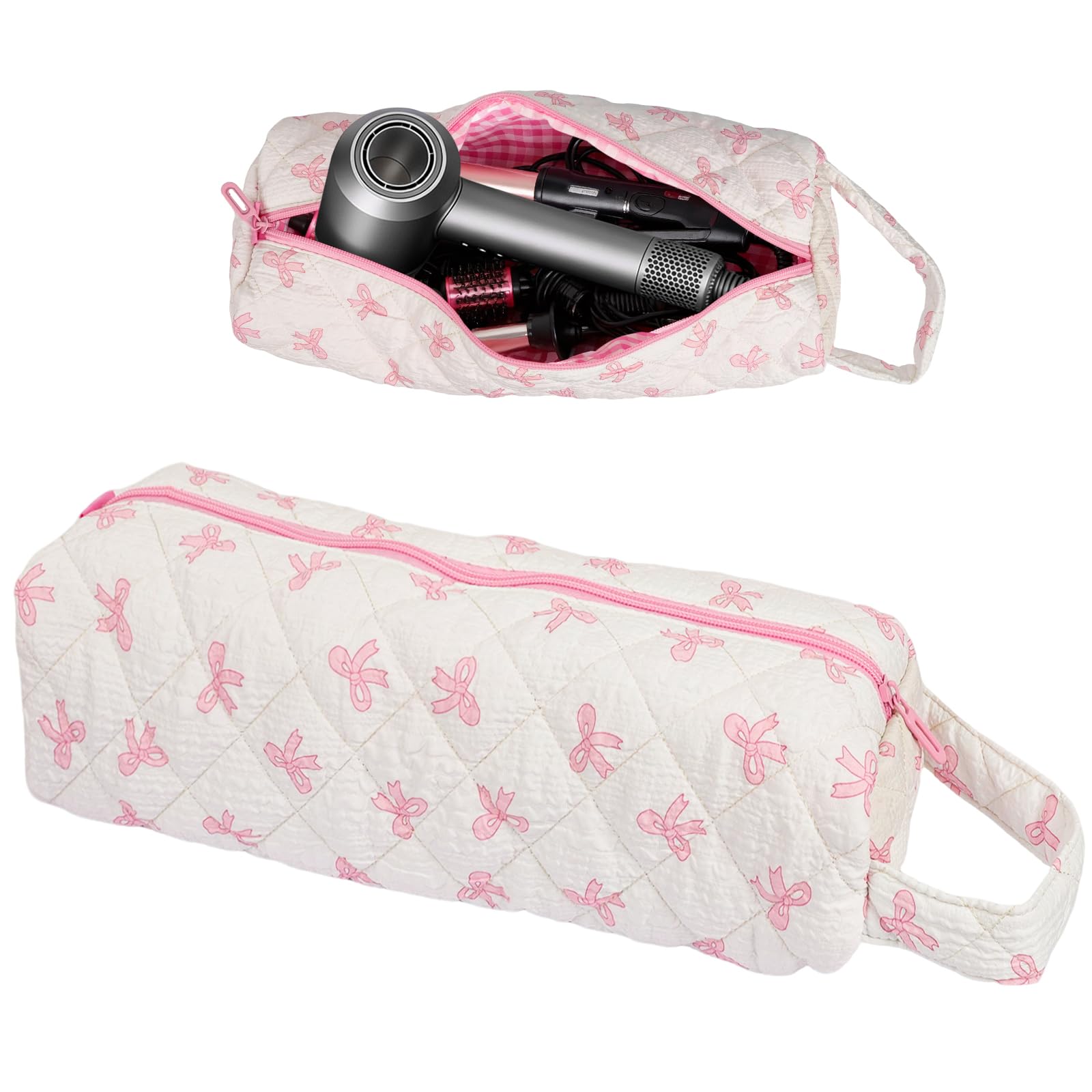 Canumer hair tools organizer bag with pink bow pattern keeps major styling tools neatly stored