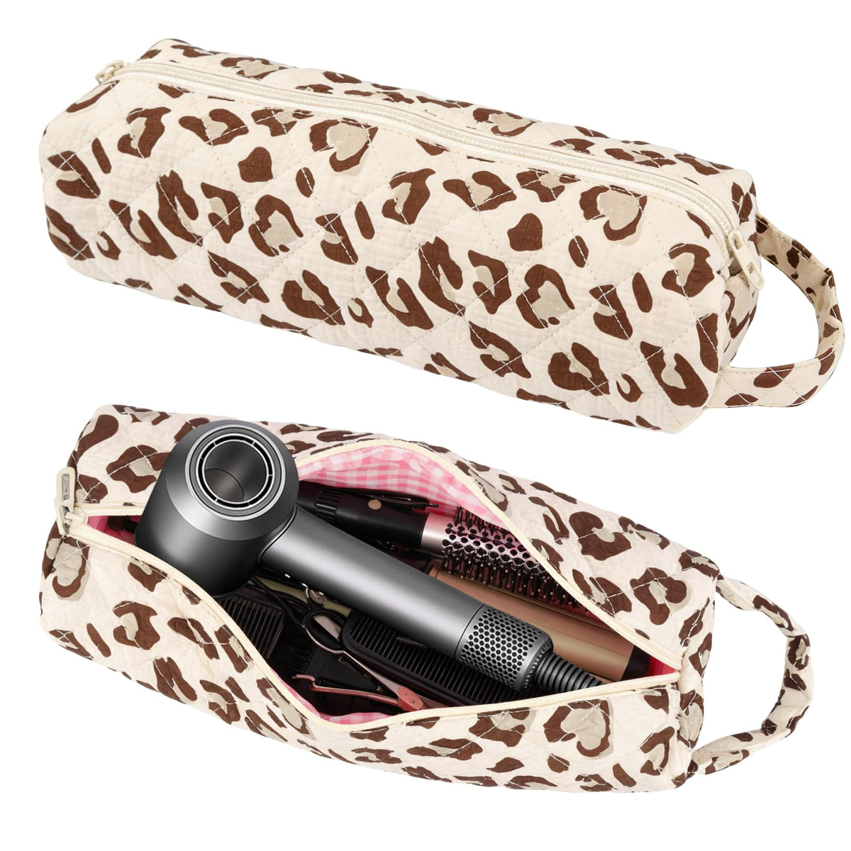 Canumer Quilted Hair Tools Travel Bag leopard opening enables quick tool access