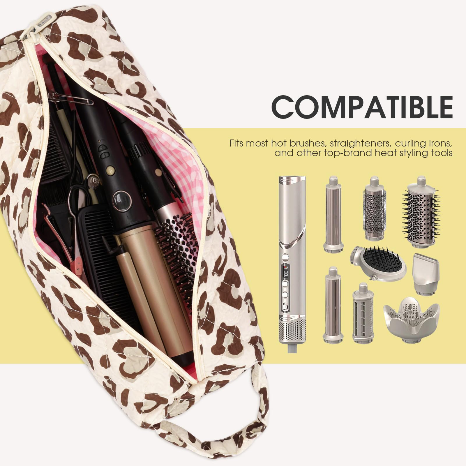 Canumer Quilted Hair Tools Travel Bag leopard padded interior shields tools