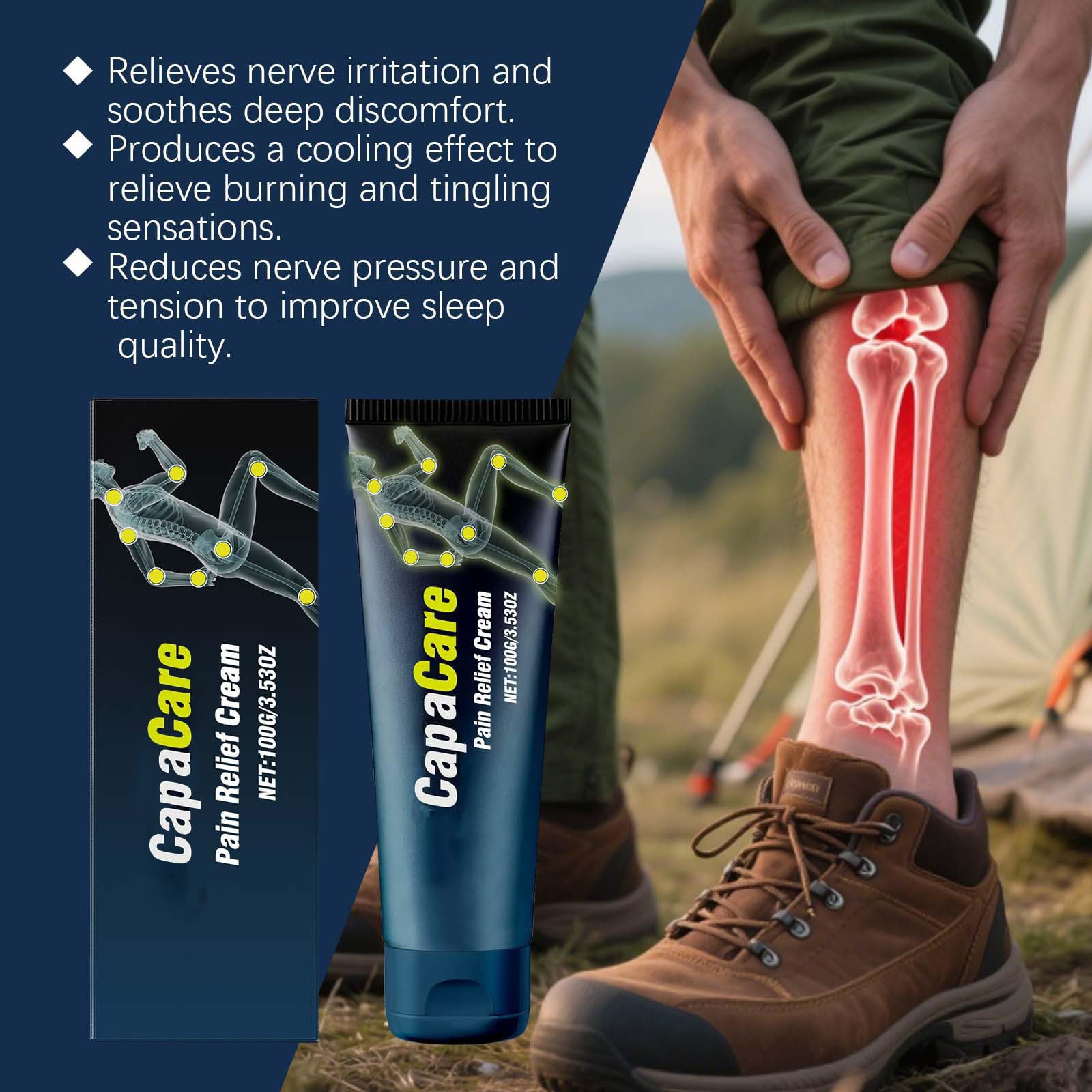 Capacare Neuropathy Relief Cream application on foot for soothing massage.