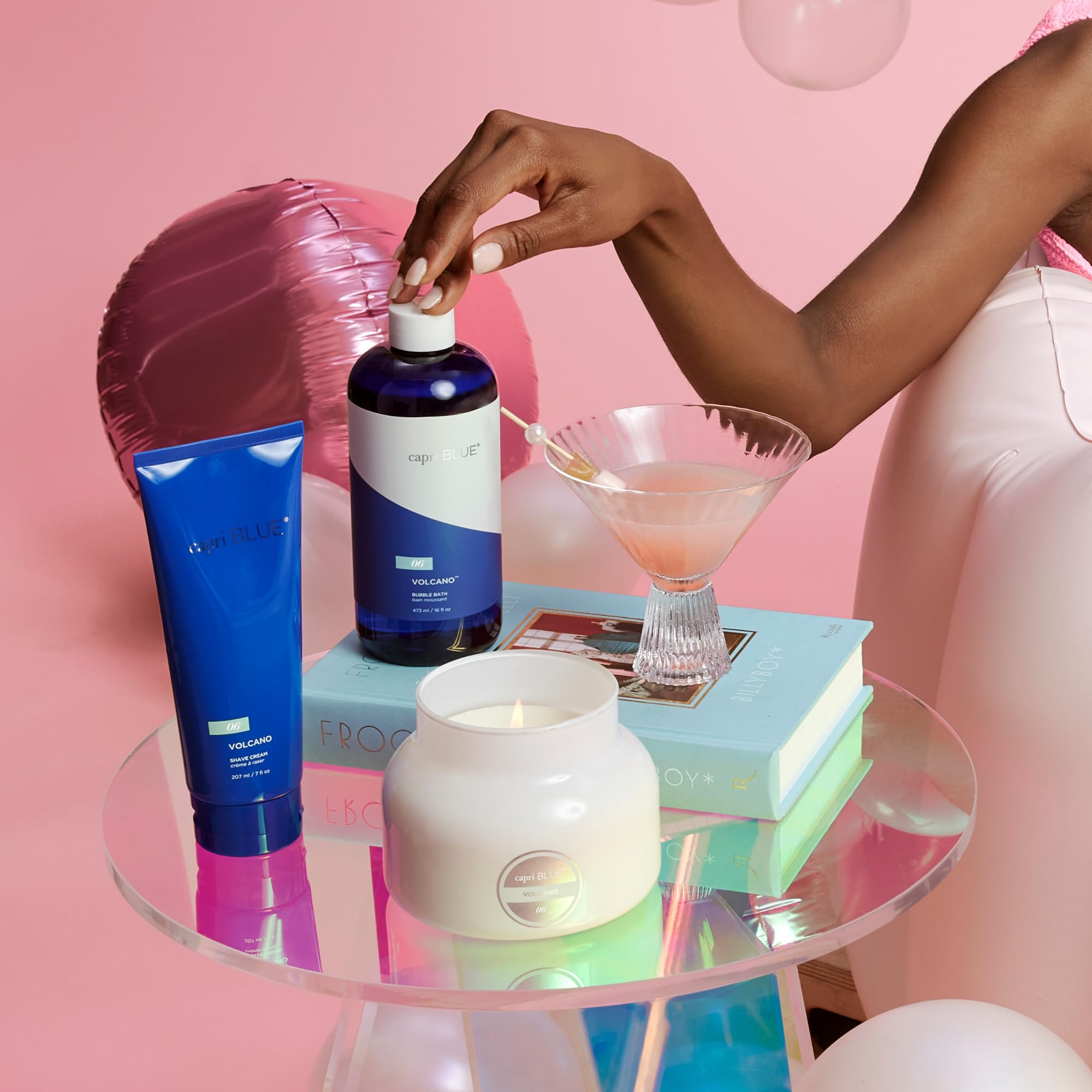 Capri Blue Volcano Bubble Bath bottle shown as a stylish bath centerpiece.