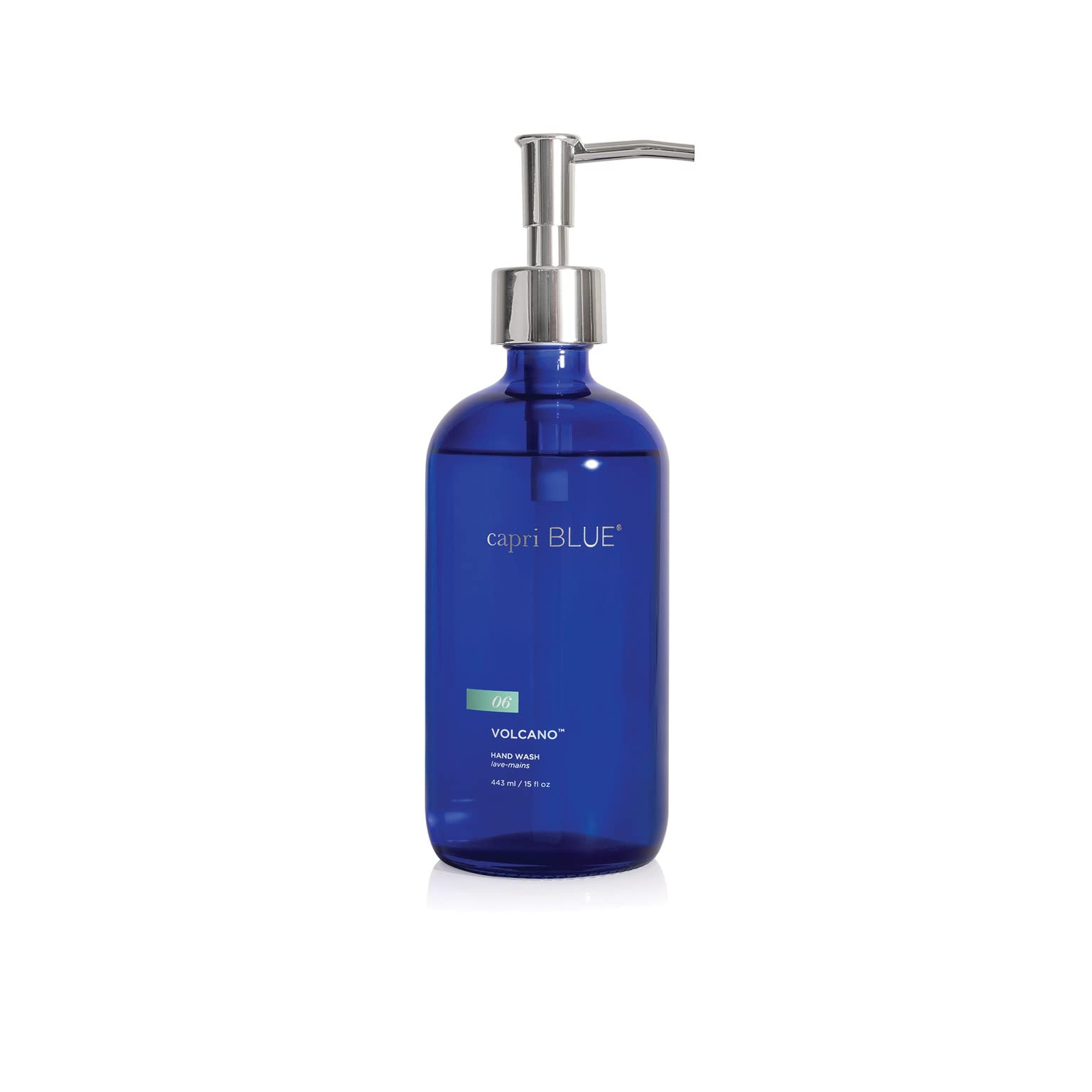 Capri Blue Volcano hand wash bottle with cobalt glass for refreshing cleansing and hydration.
