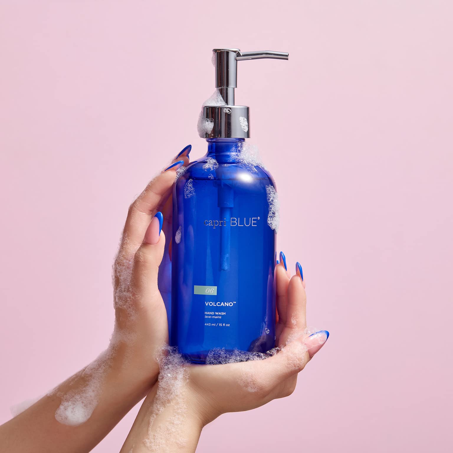 Capri Blue Volcano liquid soap close-up showing rich lather and bright fragrance.