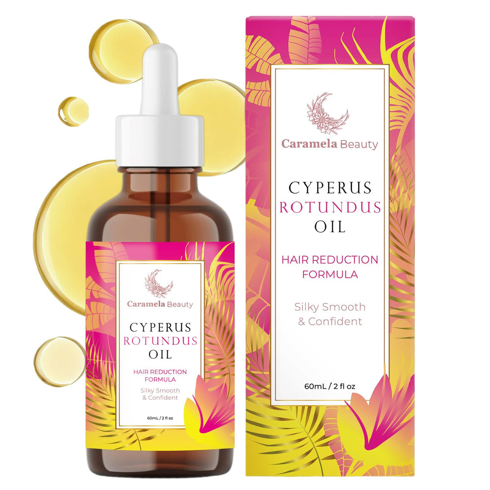 Caramela Beauty Cyperus Rotundus Oil bottle on a clean vanity for daily hair care.